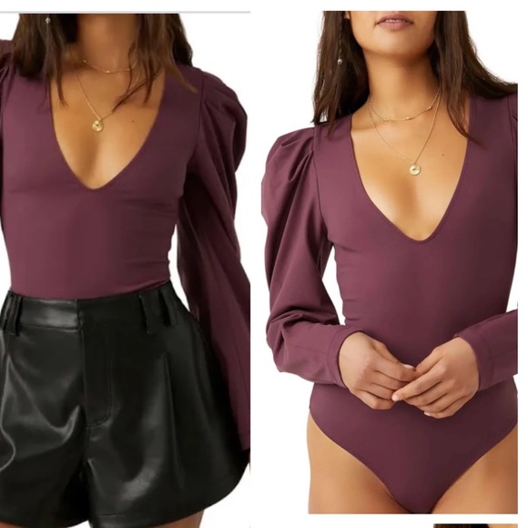 Free People Tops - FREE PEOPLE VA VA VOOP PUFF SLEEVE  BODY SUIT LARGE WINE